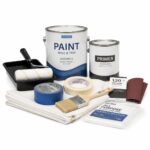 paint cans, brushes, rollers, paint trays, masking tape, sandpaper,