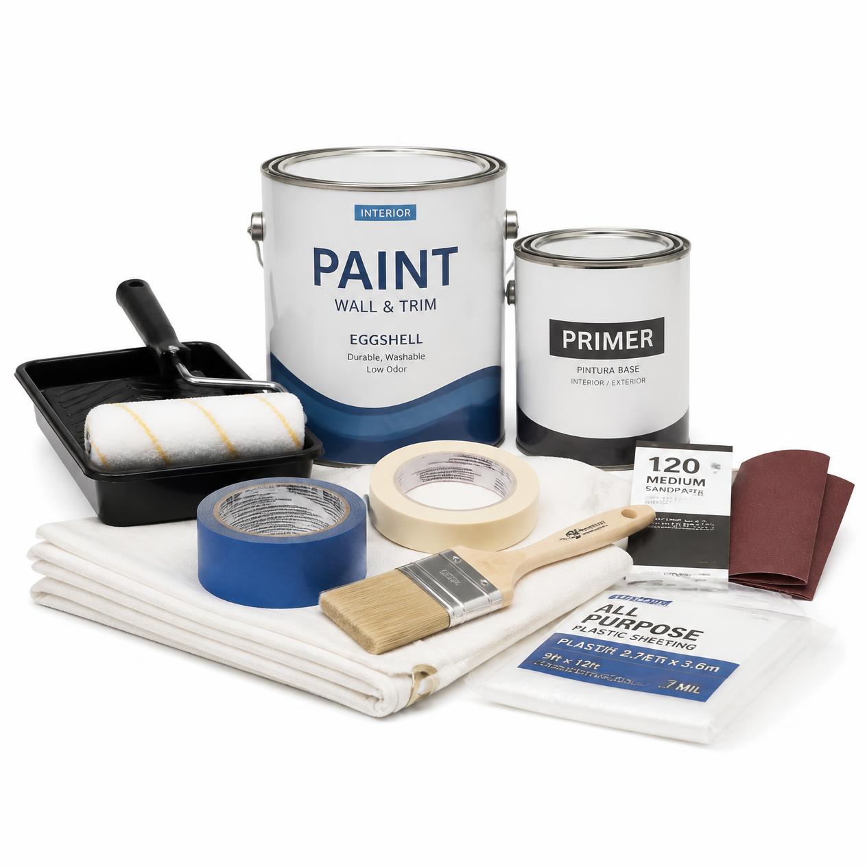 paint cans, brushes, rollers, paint trays, masking tape, sandpaper,