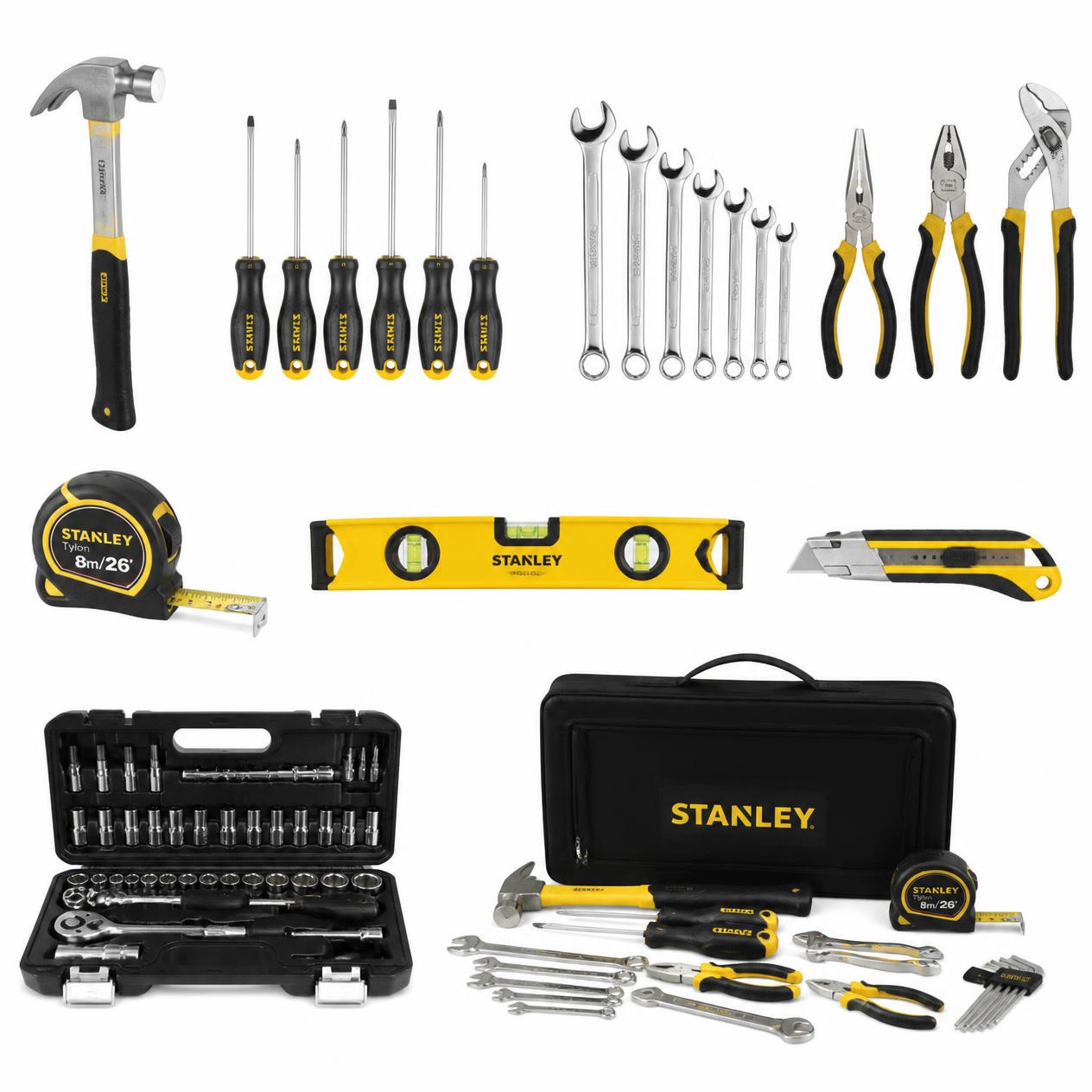 tool sets, hammers, screwdrivers, wrenches, pliers, tape measures, levels, utility knives,