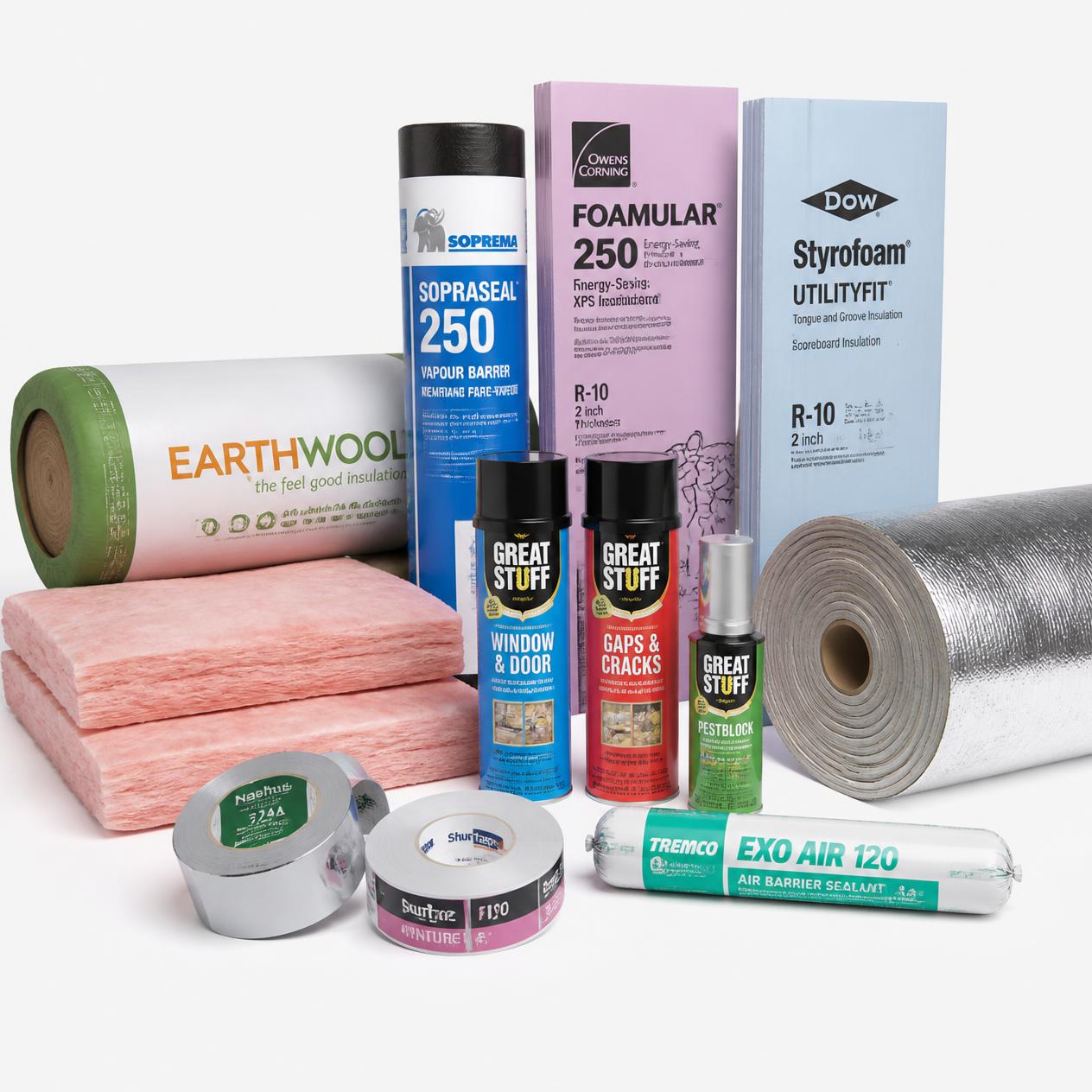 fiberglass batts, foam boards, spray foam cans, insulation rolls, vapor barriers, and insulation tape